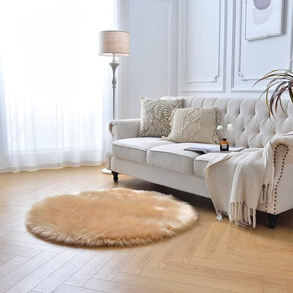 duduta Beige Faux Sheepskin Round Rug 4x4 ft, Fluffy Shag Fur Bedroom Nursery Kids Playroom Rug Dorm Decor Non Slip Washable
