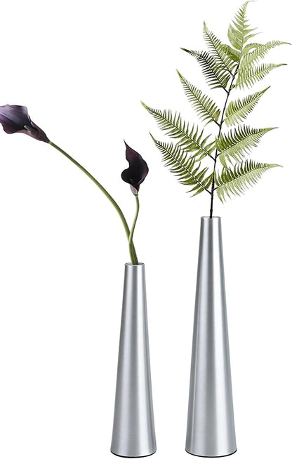 Vixdonos 10.5/8.5 inch Gold Metal Vase Small Dried Flower Vase Set of 2 Taper Vase for Wedding Table Centerpiece Decorations, Home Decor (Silver)