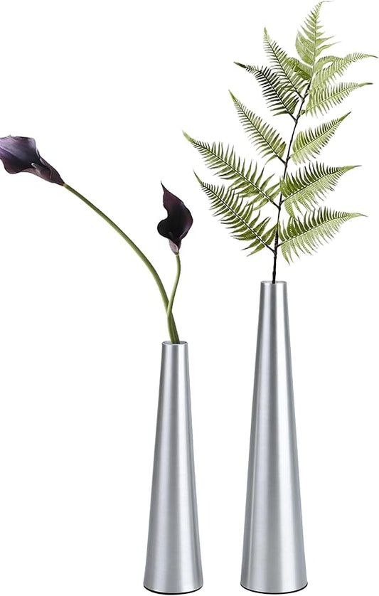 Vixdonos 10.5/8.5 inch Gold Metal Vase Small Dried Flower Vase Set of 2 Taper Vase for Wedding Table Centerpiece Decorations, Home Decor (Silver)