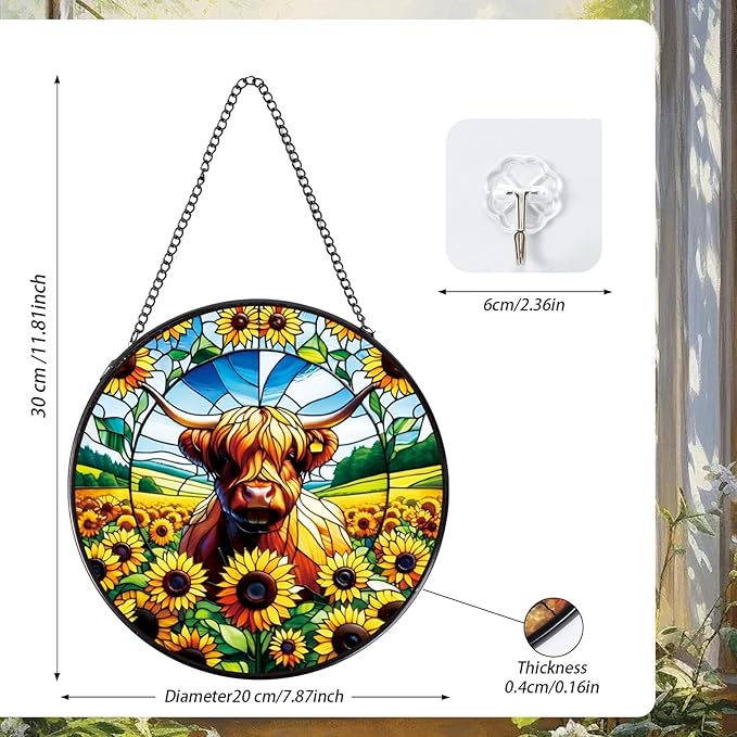 Rngmsi Highland Cow Stained Glass Window Hanging, 7.8" Sunflower Cow Sun Catchers Indoor Window Decor, Suncatchers for Windows Hanging Gifts for Women