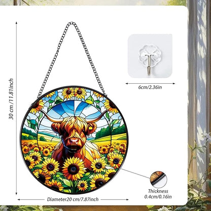 Rngmsi Highland Cow Stained Glass Window Hanging, 7.8" Sunflower Cow Sun Catchers Indoor Window Decor, Suncatchers for Windows Hanging Gifts for Women