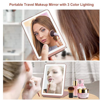 FUNTOUCH Rechargeable Travel Makeup Mirror with 72 Led Lights, Portable Lighted Beauty Mirror, 3 Color Lighting, Dimmable Touch Screen, Tabletop LED Folding Cosmetic Vanity Mirror