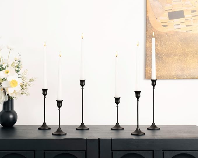 Set of 6 Black Candle Holders for Taper, Vintage Candlestick Holder Decorative Metal Candle Sticks Home Decor Centerpieces for Table Mantel Festive Decorations