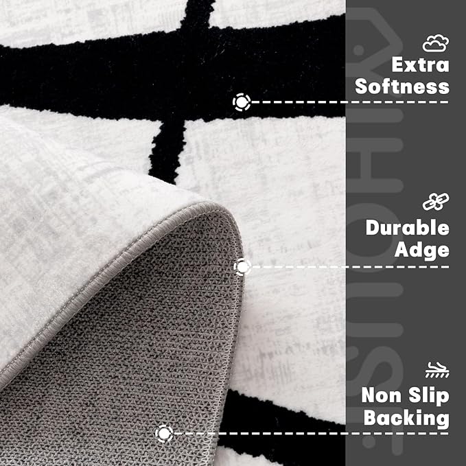 YIHOUSE Modern Washable 8'x10' Area Rug for Living Room Bedroom - Large Abstract Black and White Rug Non-Slip Ultra-Thin Home Decor,Curve,8x10ft