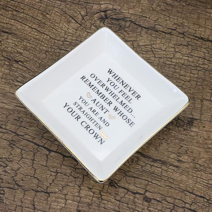 JoycuFF Inspirational Aunt Gifts Ring Trinket Dish Jewelry Plate Home Decor-Birthday Gifts for Women Unique