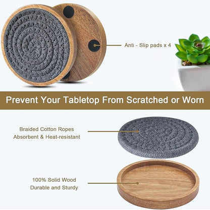 6 Pack Coasters for Drinks Absorbent, 4.3 inches Cork Coasters for Coffee Tables, Wooden Drink Coasters for Table Protection, Cute Coasters for Kitchen, Farmhouse, Bar, and Office (Dark Gray)