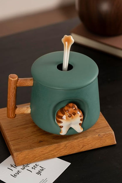 DIHOclub Adorable 3D Ceramic Animal Mug with Lid and Spoon - Perfect for Coffee, Tea, Milk, and More - Ideal Gift for Animal Lovers - 14 Ounces (Green Cat's tail)