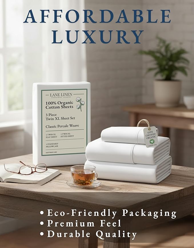 LANE LINEN 100% Organic Cotton White Twin XL Sheets Set 3-Piece Pure Percale Soft Bedding Breathable Fits Mattress Upto 15" Deep