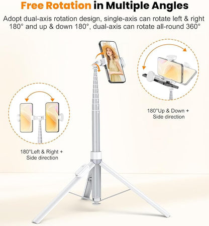 TONEOF 66" Automatic Phone Tripod with Magnetic Rechargable Remote,Selfie Stick 360° Vertical & Horizontal Rotatable,Stable for iPhone/Android(White)