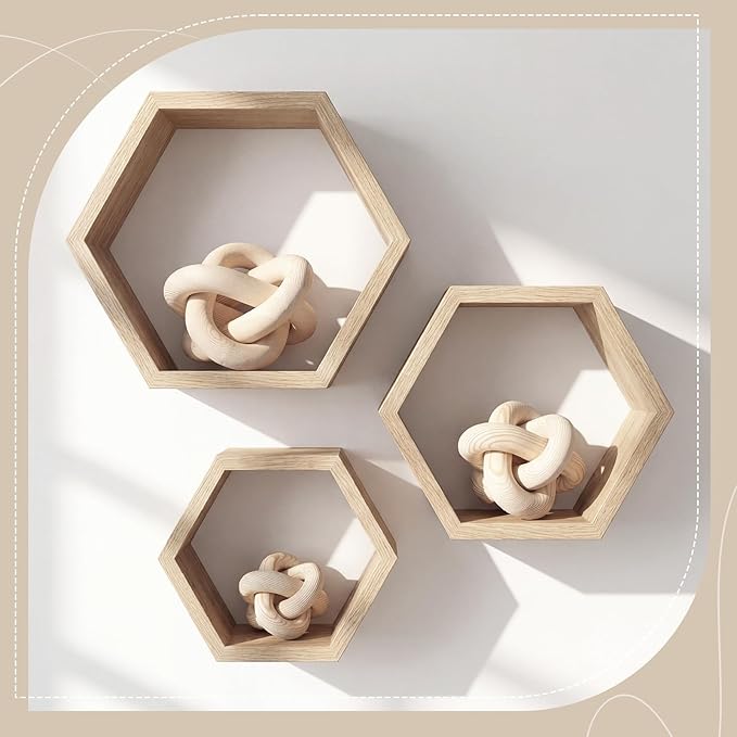 3 Pack Wooden Knot Decorations 3 Color Set Coordinated Boho Nautical Home Decor for Shelf, Wall, Tabletop, Sizes 3.94", 4.72", 5.91" (Nature)