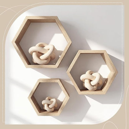 3 Pack Wooden Knot Decorations 3 Color Set Coordinated Boho Nautical Home Decor for Shelf, Wall, Tabletop, Sizes 3.94", 4.72", 5.91" (Nature)