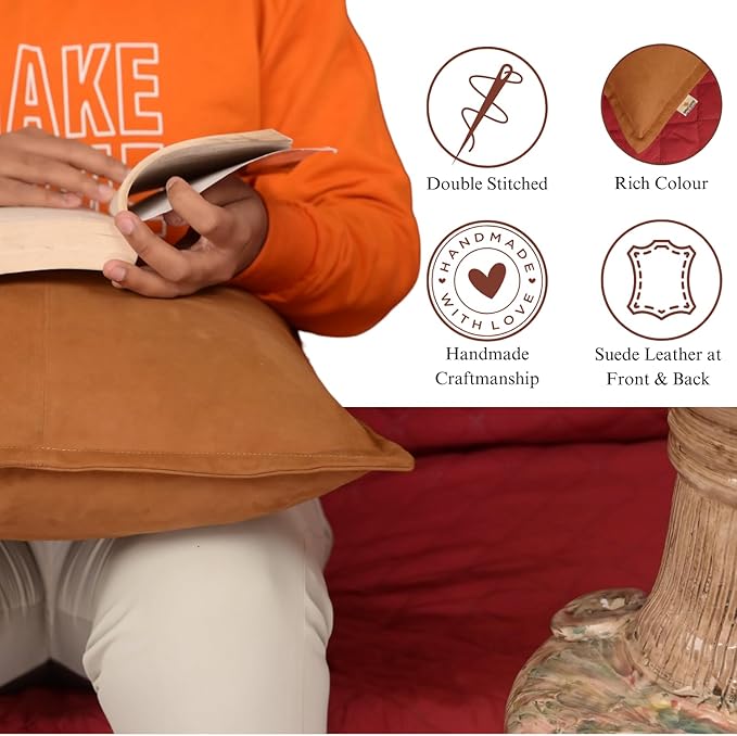 Genuine Suede Leather Pillow Cover, 22x22 Inch Case for Lumbar Throw Couch Pillows, Thick & Soft Cushion Covers for Sofa Bed Home Decor (Suede Tan Box Pack of 2)