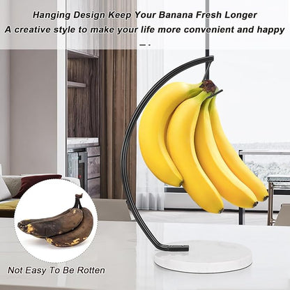 Livabber Banana Holder with Marble Base, Metal Banana Hanger Modern Tree Stand with Hook, Stylish Banana Keeper Fresh Fruit Storage Organizer Freestanding for Kitchen Countertop (Black, Single Hook)