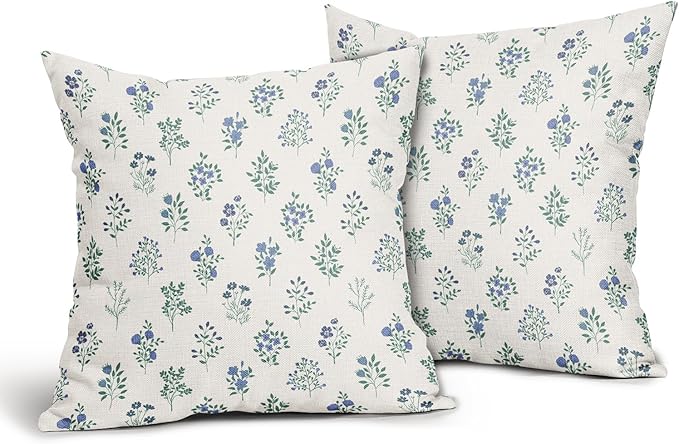 Blue Green Block Print Pillow Covers 22x22 Set of 2 Decorations Vintage Floral Throw Pillow Covers Decor Rustic Pillowcases Flower Pattern Farmhouse Cozy Soft for Sofa Bed Chair Home Decorative