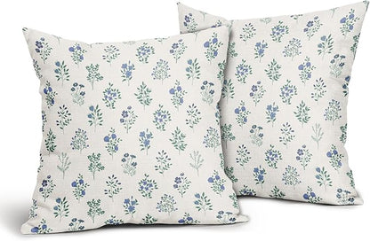Blue Green Block Print Pillow Covers 16x16 Set of 2 Decorations Vintage Floral Throw Pillow Covers Decor Rustic Pillowcases Flower Pattern Farmhouse Cozy Soft for Sofa Bed Chair Home Decorative