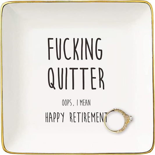 NZY Fucking Quitter Oops-Happy Retirement Gifts-Funny Colleagues Retirement,Goodbye,Leaving Present for Coworkers Boss Leader Teacher-Appreciate Christmas Gift-Jewelry Tray Trinket Holder Ring Dish