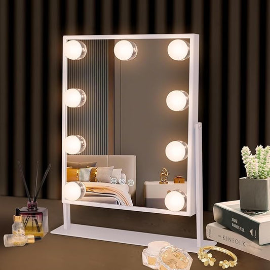 Hansong Vanity Mirror with Lights Lighted Makeup Mirror with 9 LED Bulbs Plug in Light Up Makeup Mirror with Lights 360 Rotation with 10x Magnifying Mirror Tabletop