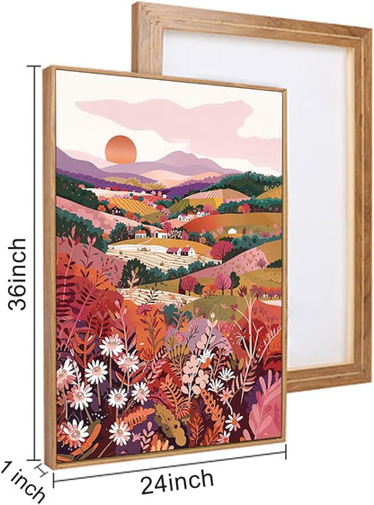 HLNIUC Boho Colorful Wall Art, Floral Mountain Framed Decor(24"x36"), Abstract Wildflower Nature 3 Piece Canvas Painting, Botanical Sunset Forest Art Print for Living Room, Bedroom, Office
