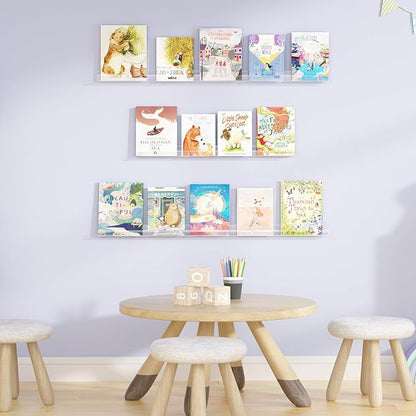 upsimples 10 Pack Clear Acrylic Shelves, 1.7" x12" Clear Wall Shelves for Nail Polish, Vinyl Wall Mount, Record Holder, Magazine Rack, Comic Display, Picture Ledge Shelf Décor