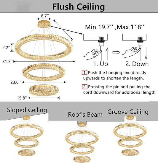 3 Rings Chandelier Modern Dimmable High Ceiling Large Ring Chanderliers Entryway Crystal Pendant Lights for Entryway Foyer Living Room Gold Light
