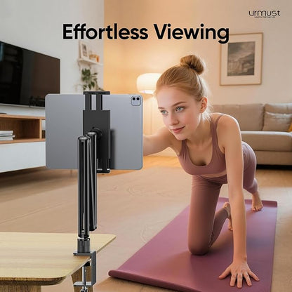 Urmust Tablet Stand for Desk, Adjustable iPad Holder Clamp Mount, 360° Rotation, Sturdy Aluminum Tablet Arm Mount for 4.7"-15.6" iPad Pro/Air/Mini, iPhone, Galaxy Tab, for Kitchen, Work, Video Call