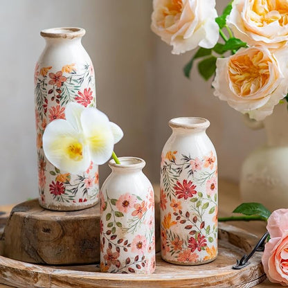 Vintage Vase Set of 3, Ceramic Vintage Flower Vases, Chinoiserie Decorative Home Decor Retro Floral Vase Rustic Farmhouse Decor for Table Bookshelf Mantel Kitchen Living Room Office - Colorful Daisy