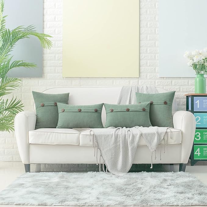 HWY 50 Sage Green Chenille Throw Pillow Covers 18x18 Inch with Triple Buttons, Soft Spring Farmhouse Accent Decorative Cushion Cases for Couch Sofa Bed Living Room Bedroom Pack of 2