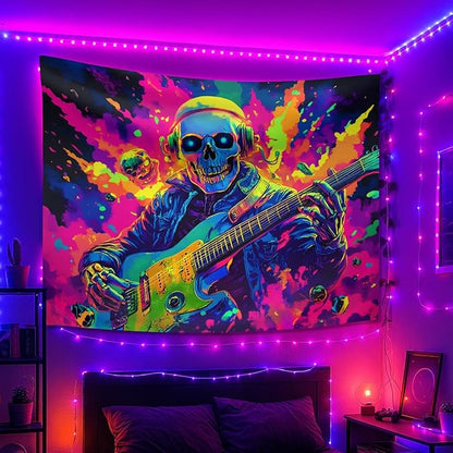 seewan Black Light Skull Guitar Tapestry, Glow-in-the-Dark UV Neon Skull Wearing Headphones Playing Music Wall Hanging, Psychedelic Rock Art Tapestry, Bedroom Dorm Living Room Background Decor