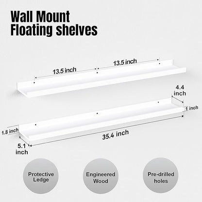 Boswillon 36 Inches Long Floating Shelves Wall Mounted,2 Set Modern White Shelf for Bedroom,Nursery Book with Lip,Picture Ledge Decor Living Room Bathroom Kitchen-White,35.4 In
