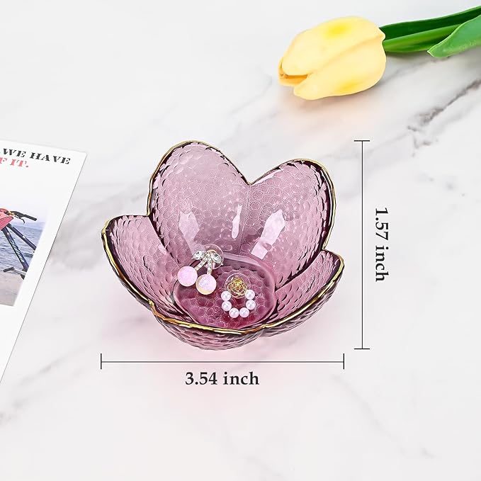 Koythin 3-Piece Glass Jewelry Tray, Small Trinket Holder for Necklace Bracelet Earring, Ring Holders for Bathroom, Aesthetic Trinket Dish, Flower Nightstand Decor for Girl Mom (Purple)