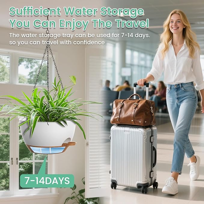 Set of 3-10 Inch Self Watering Hanging Planters for Indoor & Outdoor，Hanging Plant Pots with Drainage & Removable Tray, Hanging Pots Holder for Pothos Plant, Ferns, Balcony & Patio,White with Brown