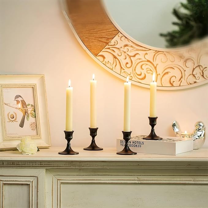 Vintage Black Taper Candle Holders Set of 4, Metal Candlestick Holders Elegant Handcrafted Décor for Weddings, Dining & Meditation,Table Centerpiece, Party, Christmas Decoration or Home Decor
