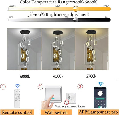 Black 8 Rings Crystal Chandelier for Foyer Stairwell High Ceiling Chandelier Dimmable Oval Crystal Ring Pendant Light