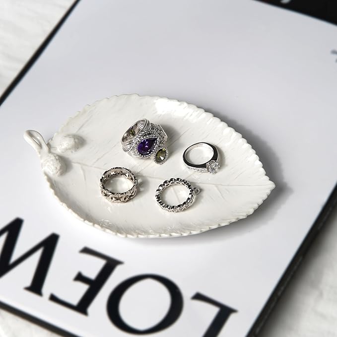 Ceramic Jewelry Dish, Decorative Tray for Rings Earrings Necklaces Bracelet Watch Keys, 4.50" Trinket Tray as Gifts for Women (White Leaf)