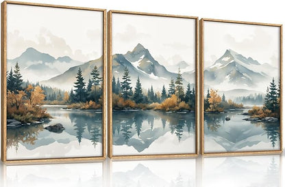 HLNIUC Winter Christmas Mountain Wall Art Framed,Large White Snowy Forest Decor Set of 3 (24"x36"), Watercolor Nature Lake Foggy Landscape Canvas Painting for Living Room, Bedroom, Office