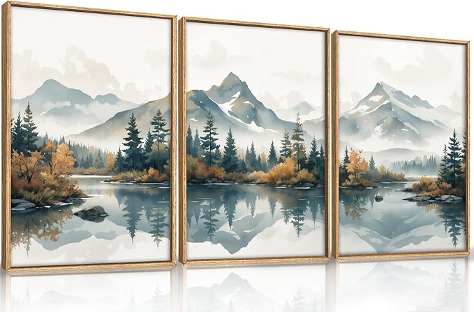 HLNIUC Winter Christmas Mountain Wall Art Framed,Large White Snowy Forest Decor Set of 3 (16"x24"), Watercolor Nature Lake Foggy Landscape Canvas Painting for Living Room, Bedroom, Office