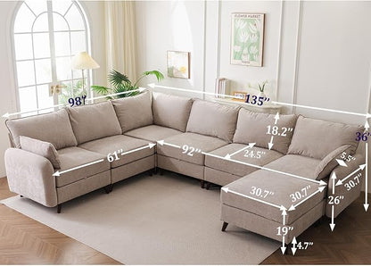 Modular Sectional Sofa with Seats Storage, Oversized L Shaped Couch,6-Seaters Comfy Couches for Living Room,Cloud Couches with Deep Seat,Movable Ottoman,Chenille,Khaki