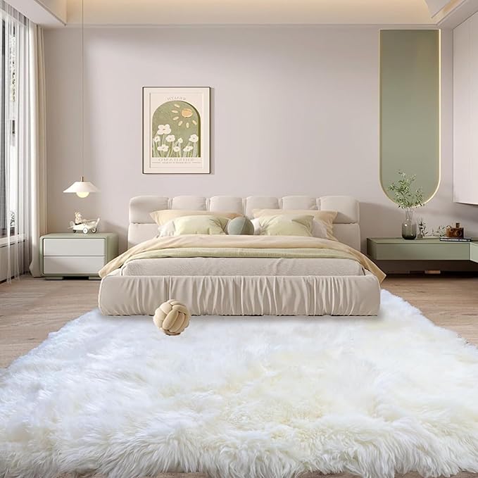 Woolous Large Sheepskin Rug, Genuine New Zealand Sheepskin Wool Mattress Topper or Soft Fluffy Ivory Shaggy Area Carpet for Bedroom, Living Room, 6.5 x 6.5 ft