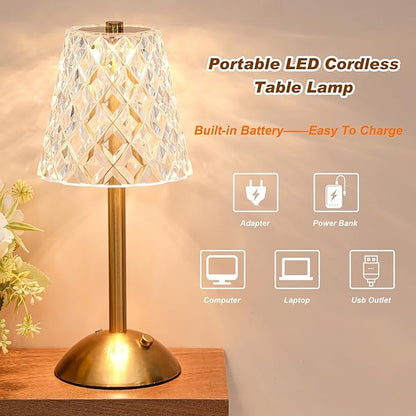 Liliful 4 Pcs Cordless Table Lamp Rechargeable Touch LED Small Gold Portable Battery Operated USB-c Desk Lamp 3 Color Dimmable for Bedroom Living Room Dining (Gold,Diamond Style)
