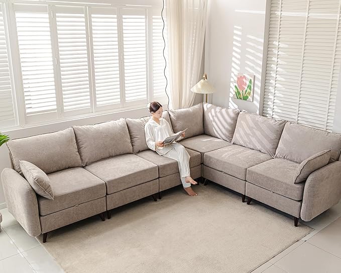 Modular Sectional Sofa with Seats Storage, Oversized L Shaped Couch,6-Seaters Comfy Couches for Living Room,Cloud Couches with Deep Seat,Chenille,Khaki