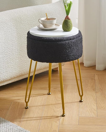 IBUYKE Teddy Velvet Storage Footrest Stool Ottoman, Makeup Vanity Stool Side Table with Removable Cover, Golden Steel Legs, Coffee Table Top Cover, Black WBD010B