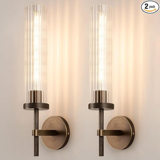 19.5" Knurled Brass Wall Sconces Set of 2, Bronze Bathroom Vanity Light Fixtures with Vertical Striped Glass Tube, Modern Lamp Lighting for Bedroom, Living Room, Hallway, Staircase, Mirror, Kitchen