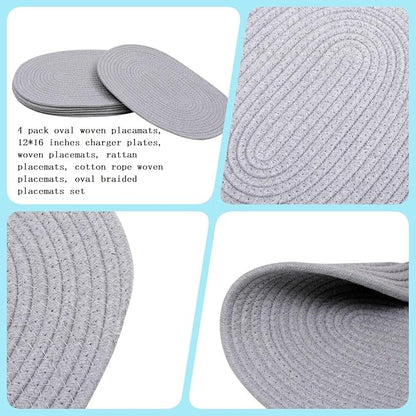 4 Pack Oval Woven Cotton Rope Placemats - Grey Braided Plate Chargers 12 * 16 Inch Farmhouse Boho Vintage Heat Resistant Outdoor Tablemats for Patio, Wedding Party