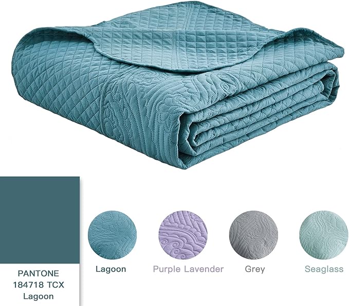 HZ & HY Oversized King Bedspread 128x120 Extra Wide, Ultrasonic, Lightweight, Reversible, 5 Pieces, 100% Microfiber, Lagoon