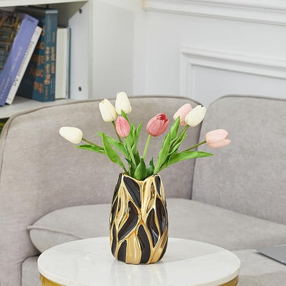 Black Ceramic Vase for Flowers, Modern Flower Vase Home Decor, Small Vase, Ceramic Vase for Pampas Grass Decorative Vase, for Farmhouse Coffee Table Bookshelf Home Living (Black Small)