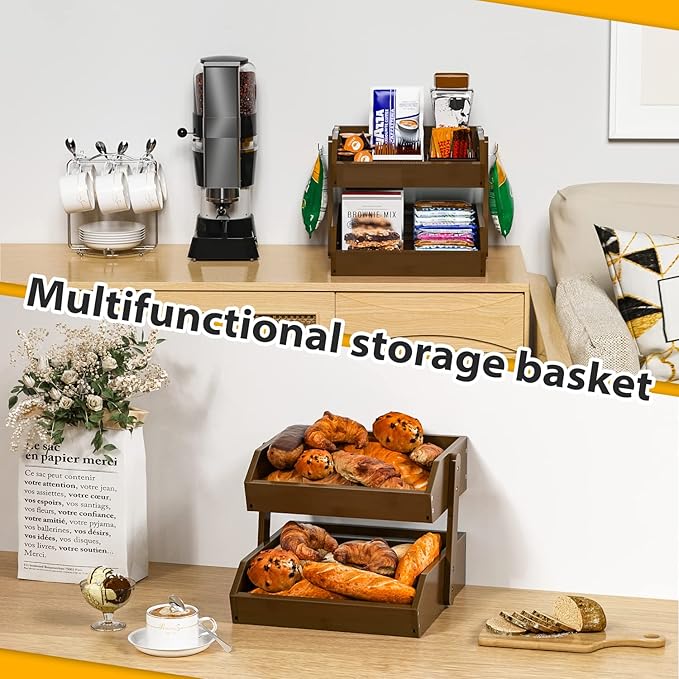 Bamboo Fruit Basket for Kitchen – 2 Tier Fruit Bowl For Kitchen Counter, Large Fruit Holder With 2 Banana Hangers, Idea For Fruit and Vegetable Storage, Bread Basket, Snack Organizer(WALNUT)