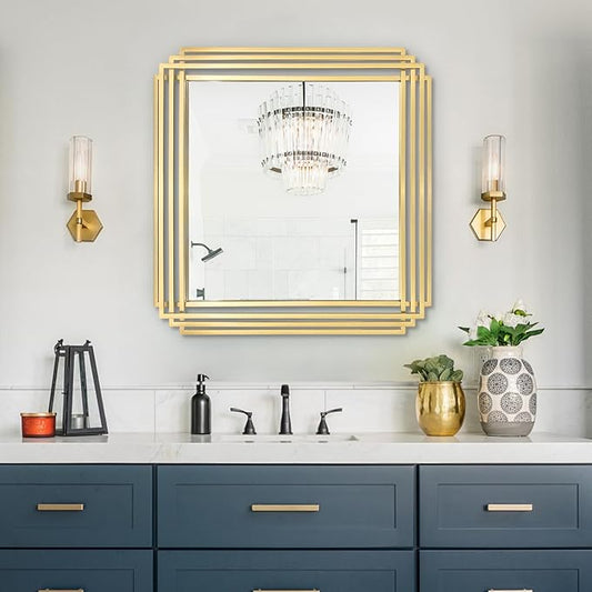 Gold Square Mirrors, 24"x24" Geometric Art Deco Mirror with Metal Frame, Bathroom Vanity Mirrors for Over Sink, Modern Elegant Wall Mirrors for Living Room Bedroom Entryway Fireplace