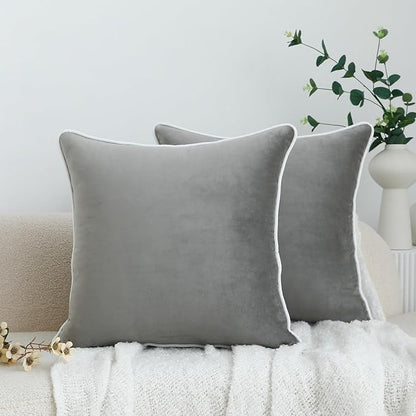 LIGICKY Set of 2 Grey Velvet Throw Pillow Covers Modern Minimalist Style Solid Decorative White Rope Edging Soft Square Cushion Cases for Sofa Bedroom Party Décor, 18 x 18 inch