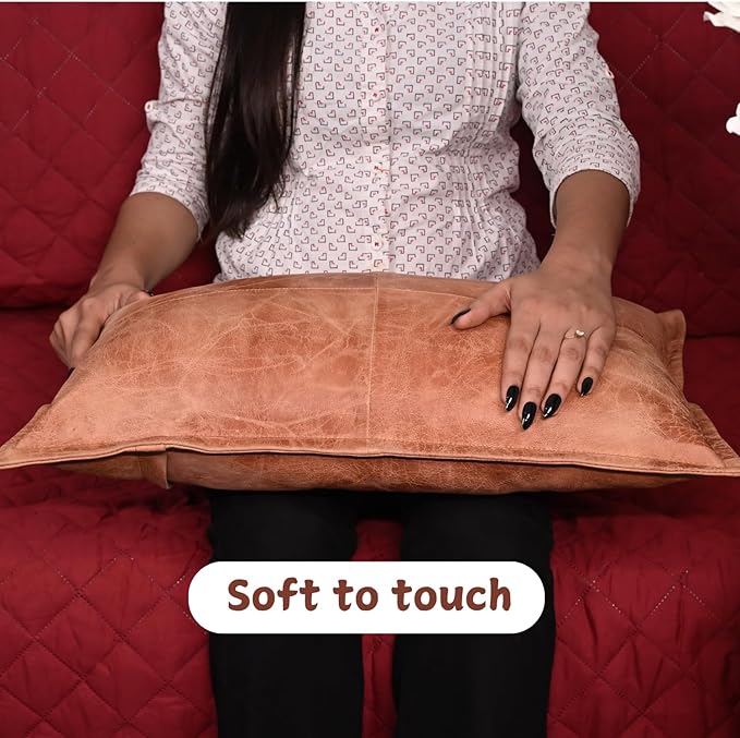 100% Lambskin Leather Pillow Cover - Sofa Cushion Case - Decorative Throw Covers for Living Room & Bedroom, 10x18 Inch - Mango Tan Crunch Box Pack of 1
