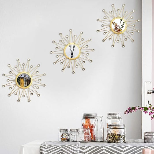 Uaussi 3 Pack Crystal Sunburst Wall Mirror Décor Rhinestone Mirrors Decorative Home Wall Art for Living Room Bedroom Entryway (Triangle Burst Gold)